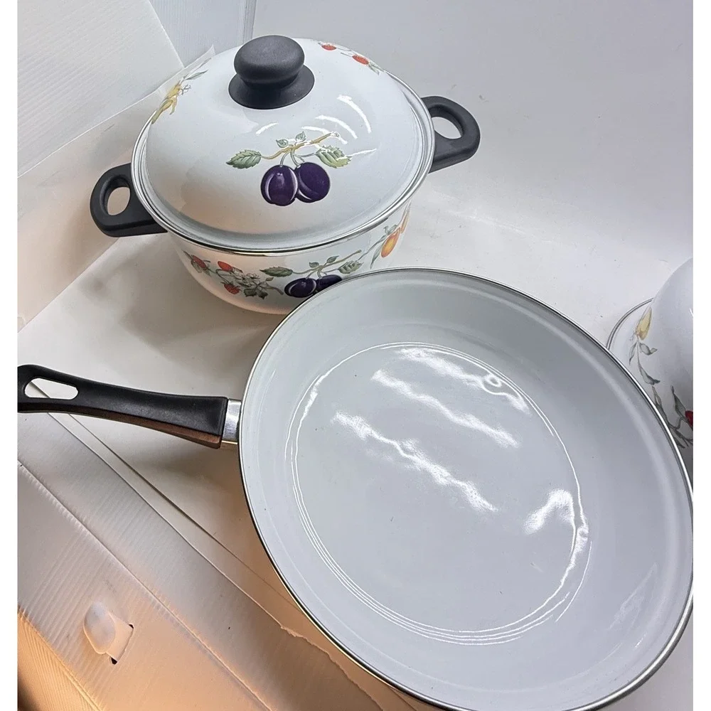 Vintage Tabletops Unlimited Dulcie Enamelware Cookware Set Fruit Motif 3 Pc